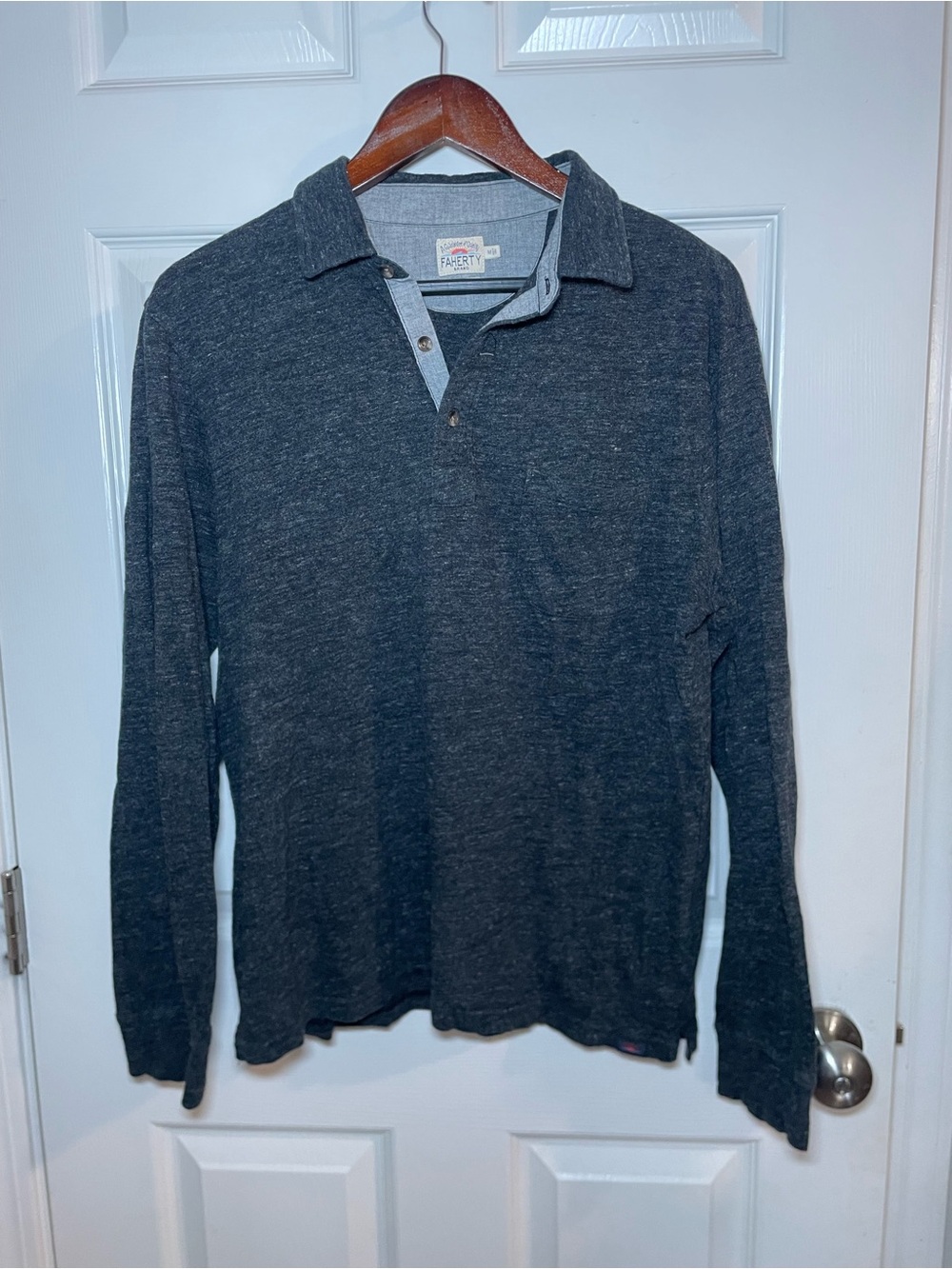 Faherty Brand Organic Cotton Long Sleeve Polo Shirt Charcoal Gray Men’s M